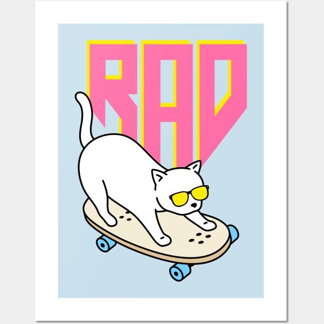 Rad White Cat on Skateboard - Silly Design Wall Art by Flourescent Flamingo